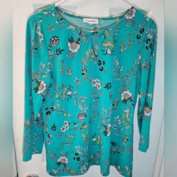 Calvin Klein Tops - Columbia Blue Long Sleeve Blouse with Playful Print